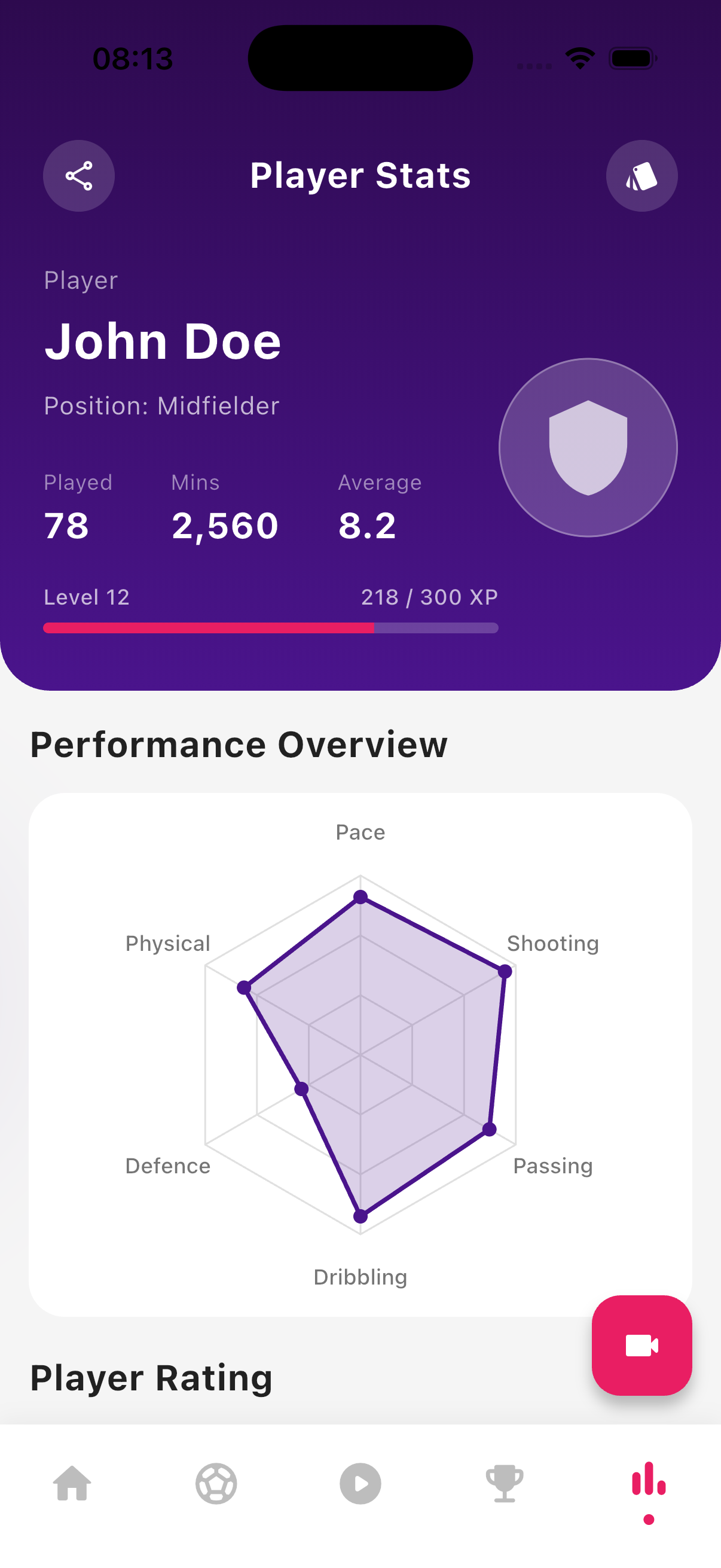Player 1 app — player stats screen