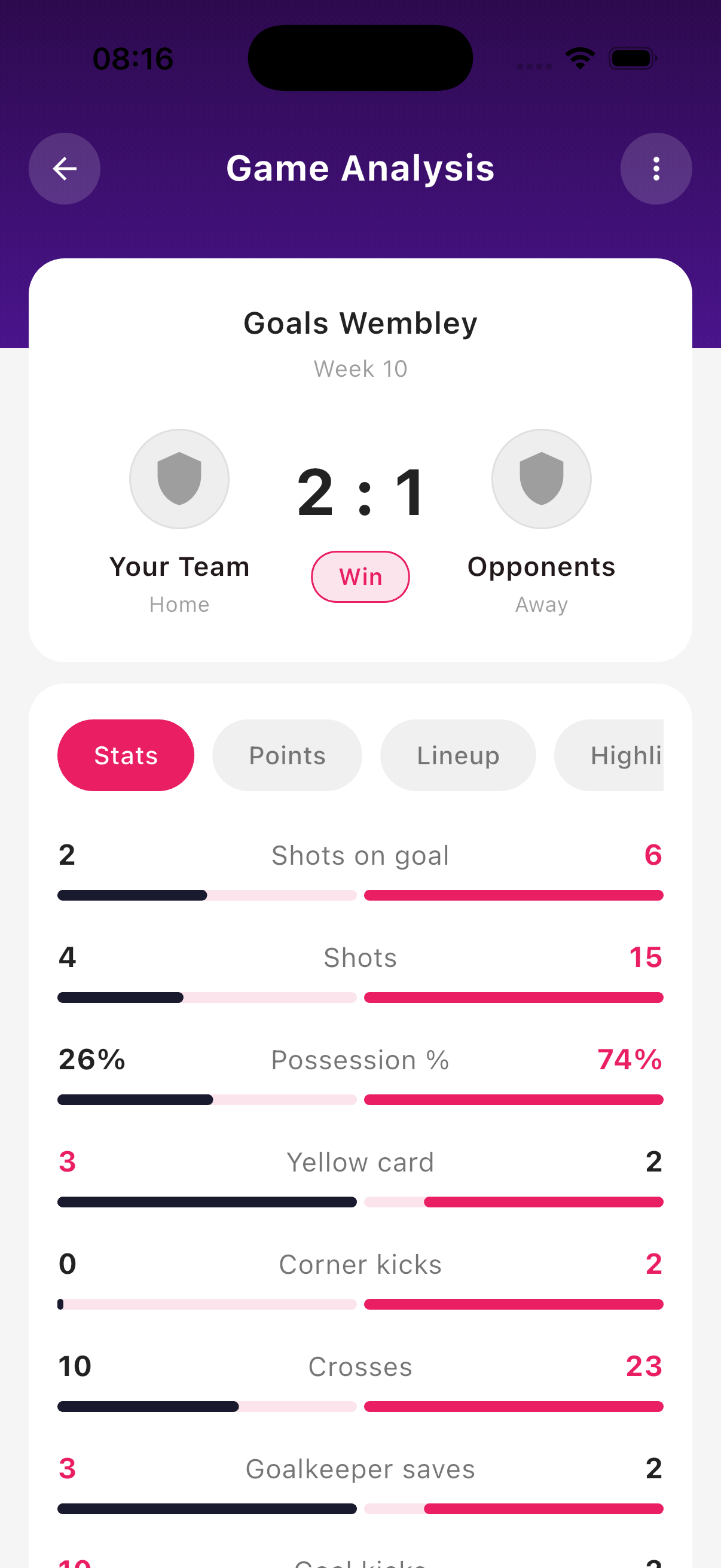 Player 1 app — match statistics screen